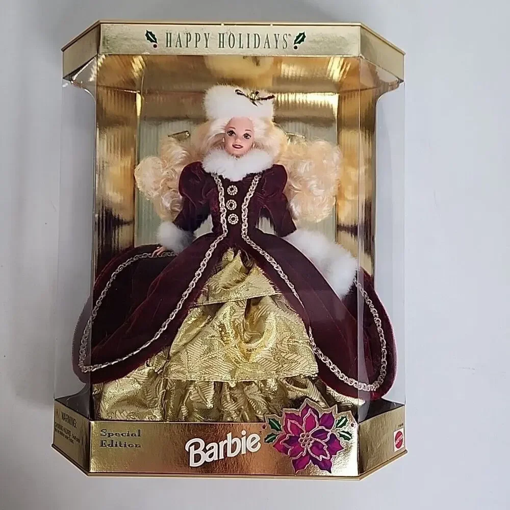 1996 Happy Holidays Barbie‎ Christmas Winter Burgundy Velvet and Gold 15646